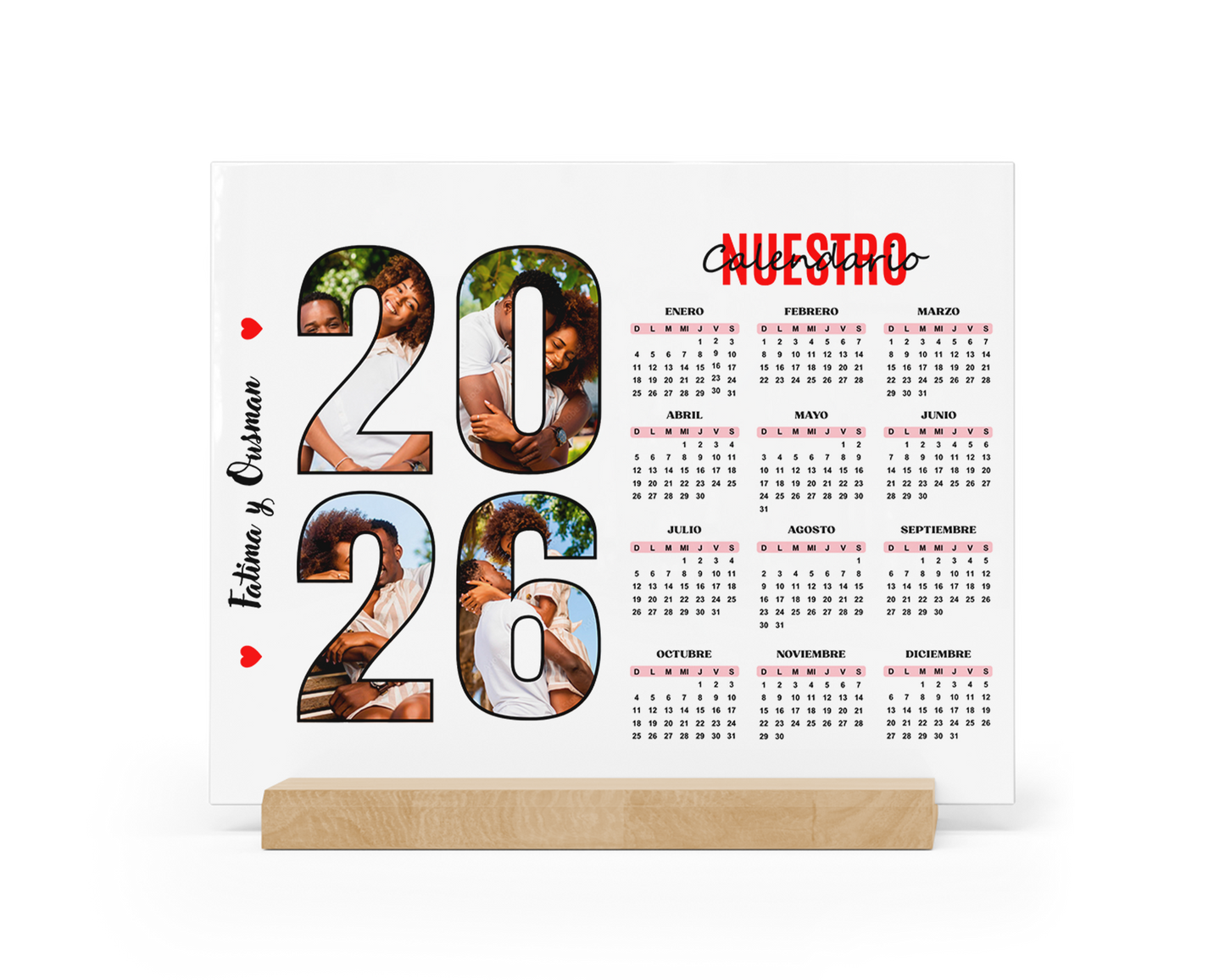 Placa Calendario de Aluminio 2026 "Nuestros Recuerdos" con Base de Madera